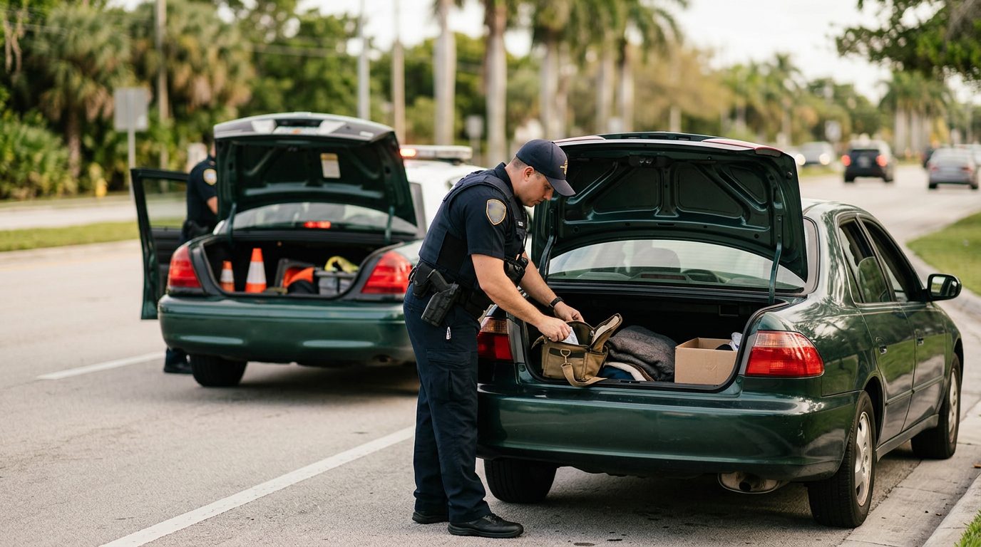 Law enforcement officer conducting a roadside vehicle search with patrol car and open trunk.