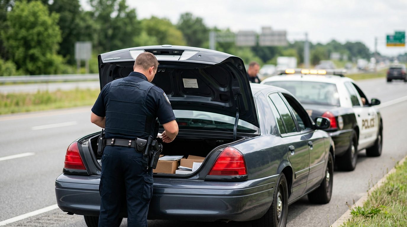 Law enforcement officer conducting a roadside vehicle search with patrol car.