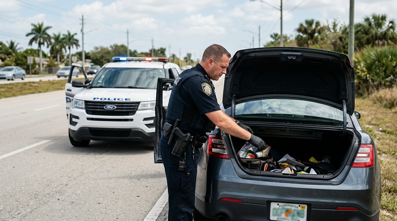 Law enforcement officer conducting a roadside vehicle search with patrol car.