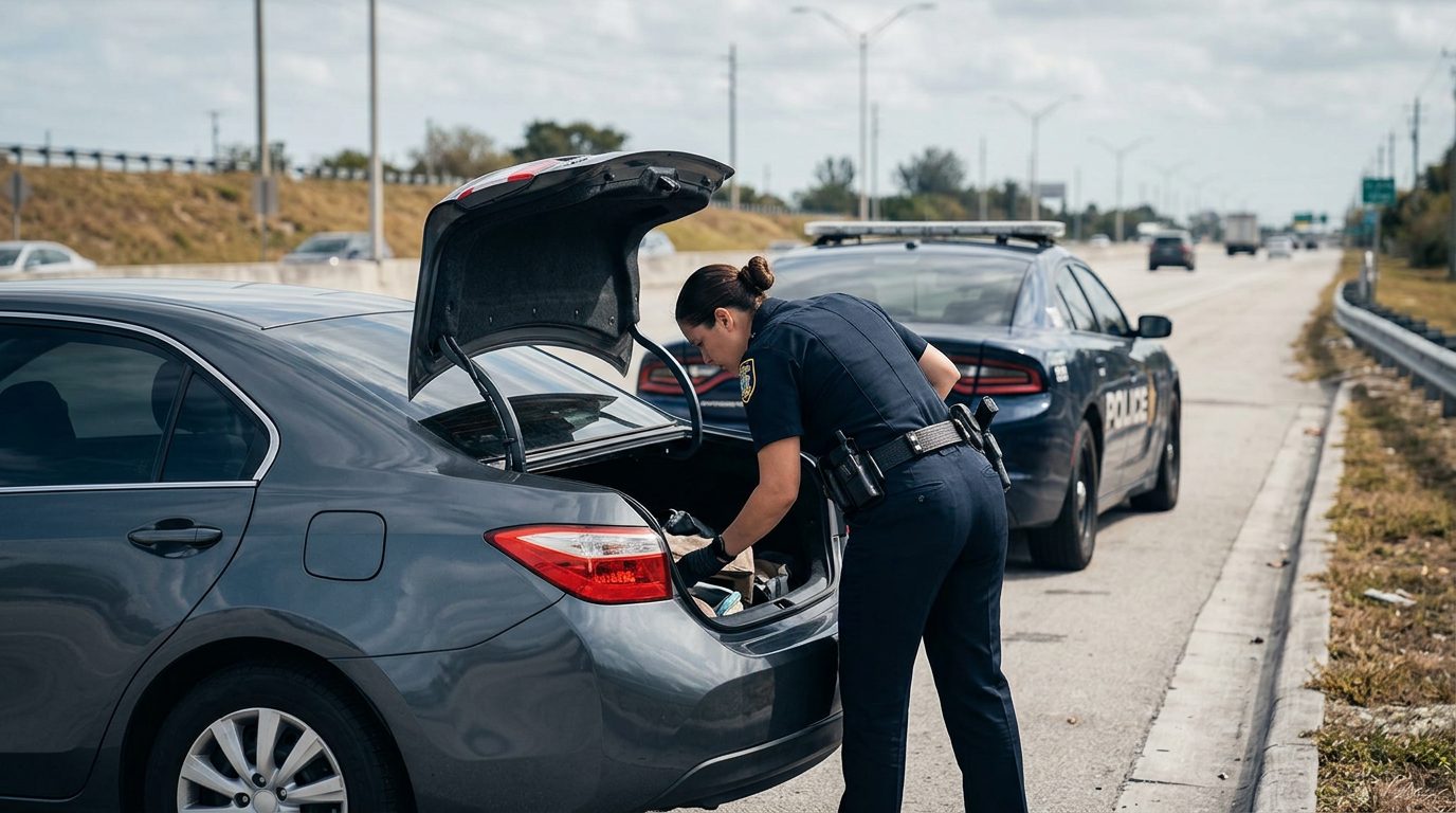 Law enforcement officer conducting roadside vehicle search with patrol car and open trunk.