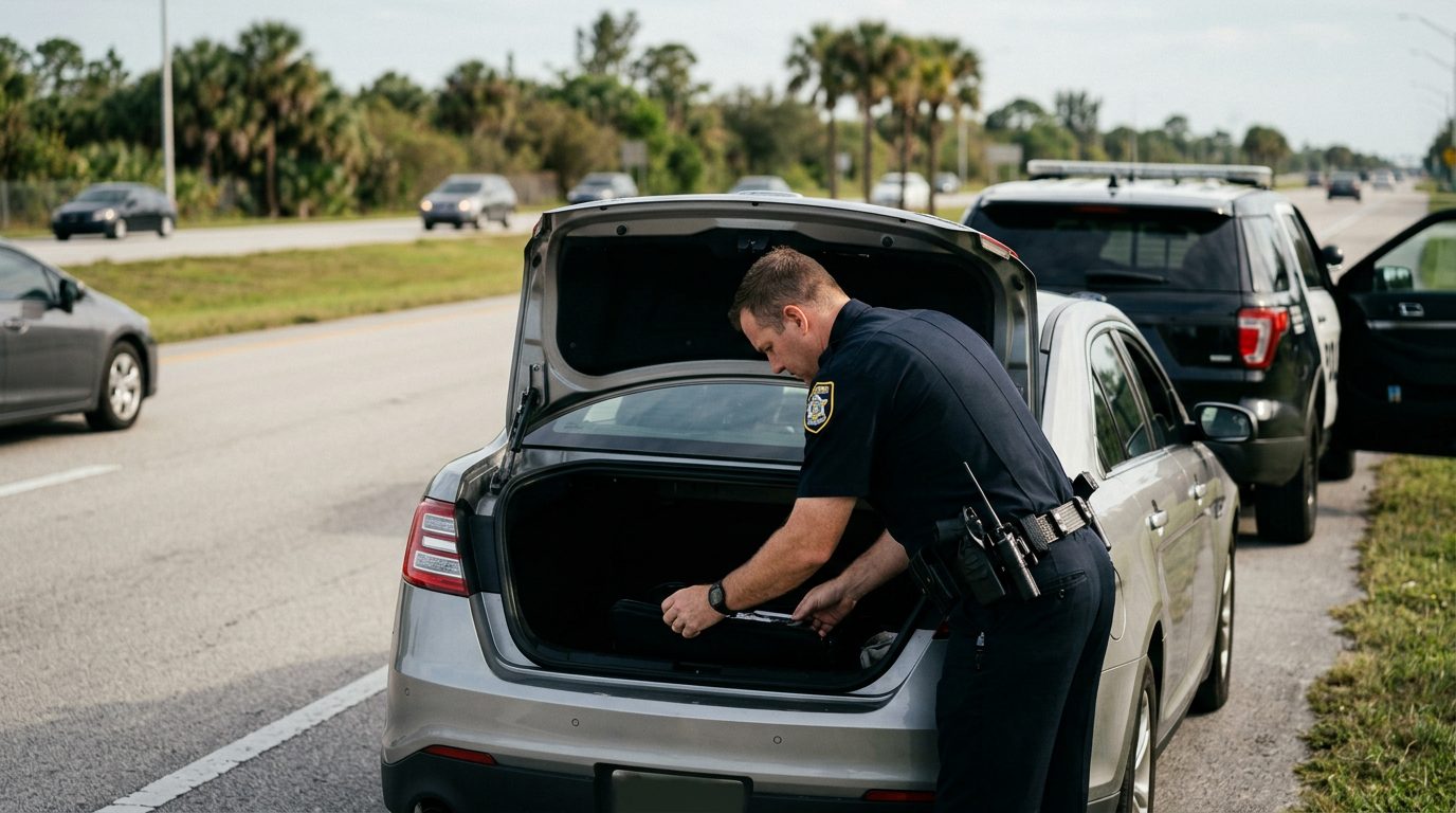 Law enforcement officer conducting roadside vehicle search with patrol car and open trunk.