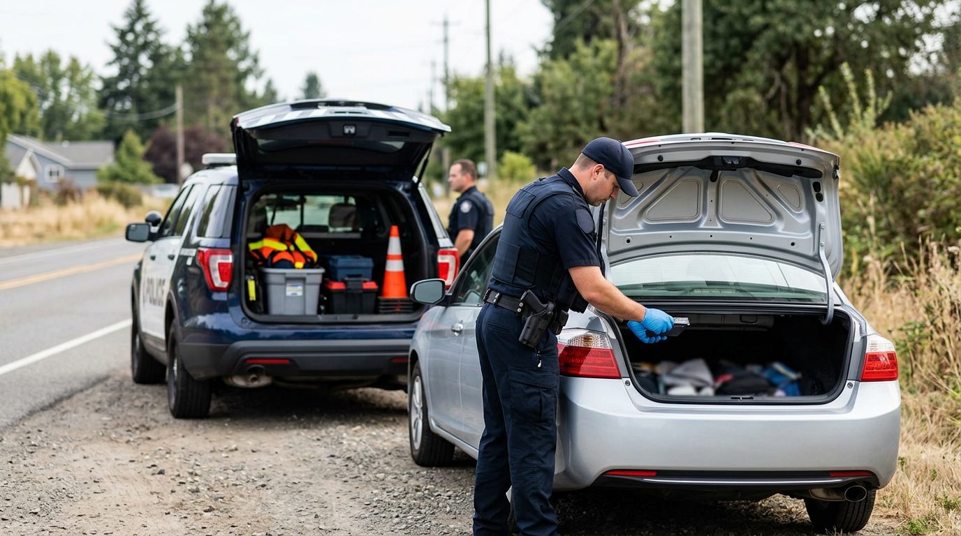 Law enforcement officer conducting roadside vehicle search with patrol car and open trunk.