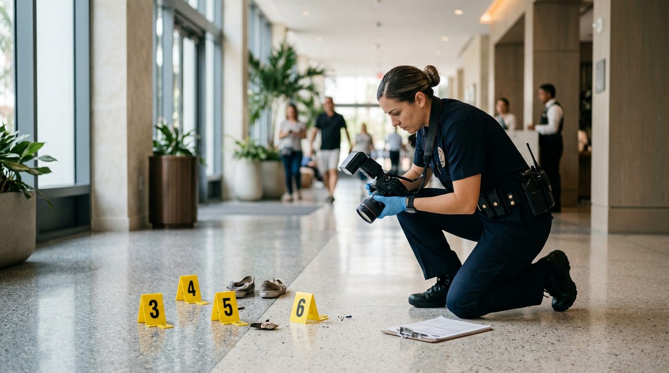 Law enforcement officer documenting an alleged altercation scene with evidence markers in a commercial space.