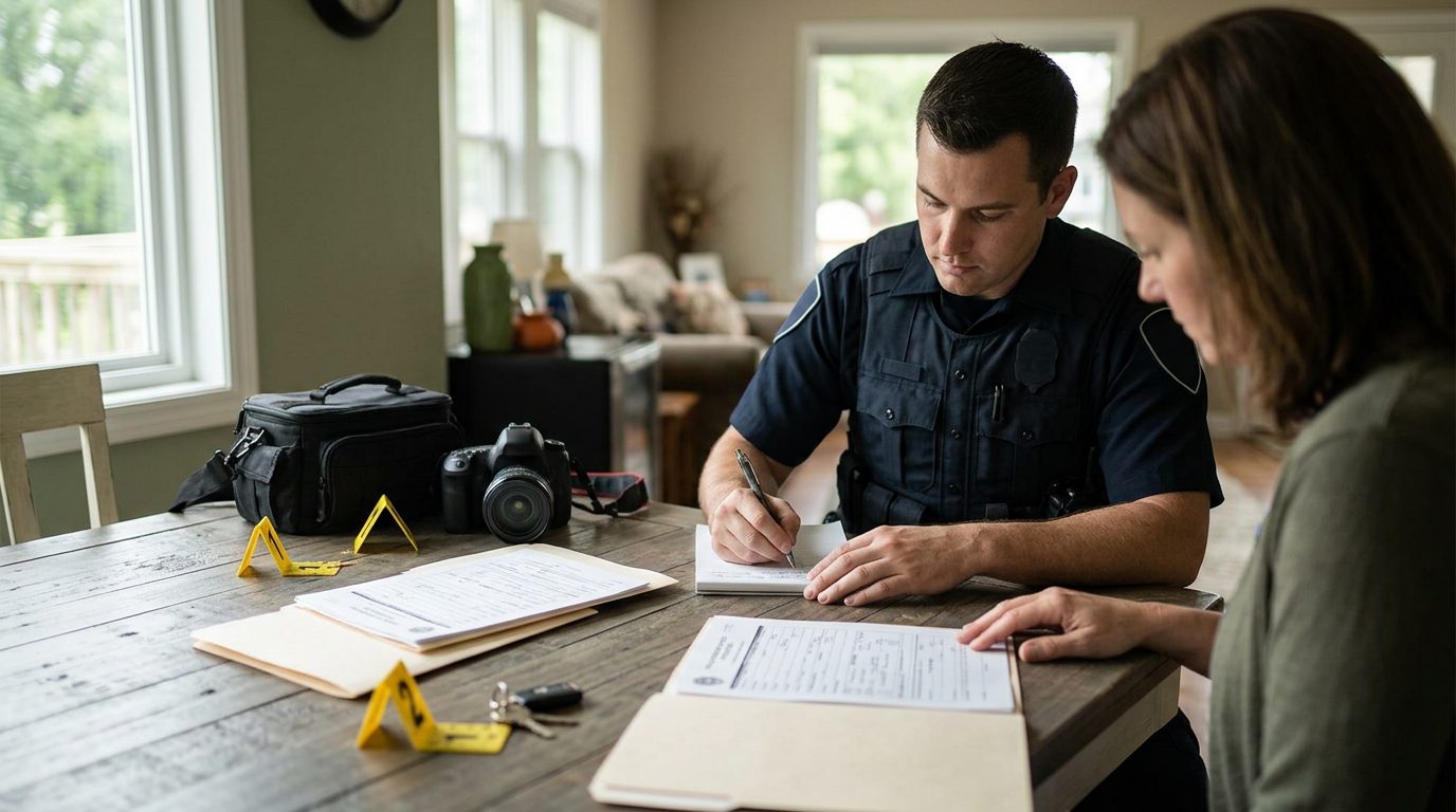 Law enforcement officer documenting evidence and taking photographs at a residential location during an incident investigation.