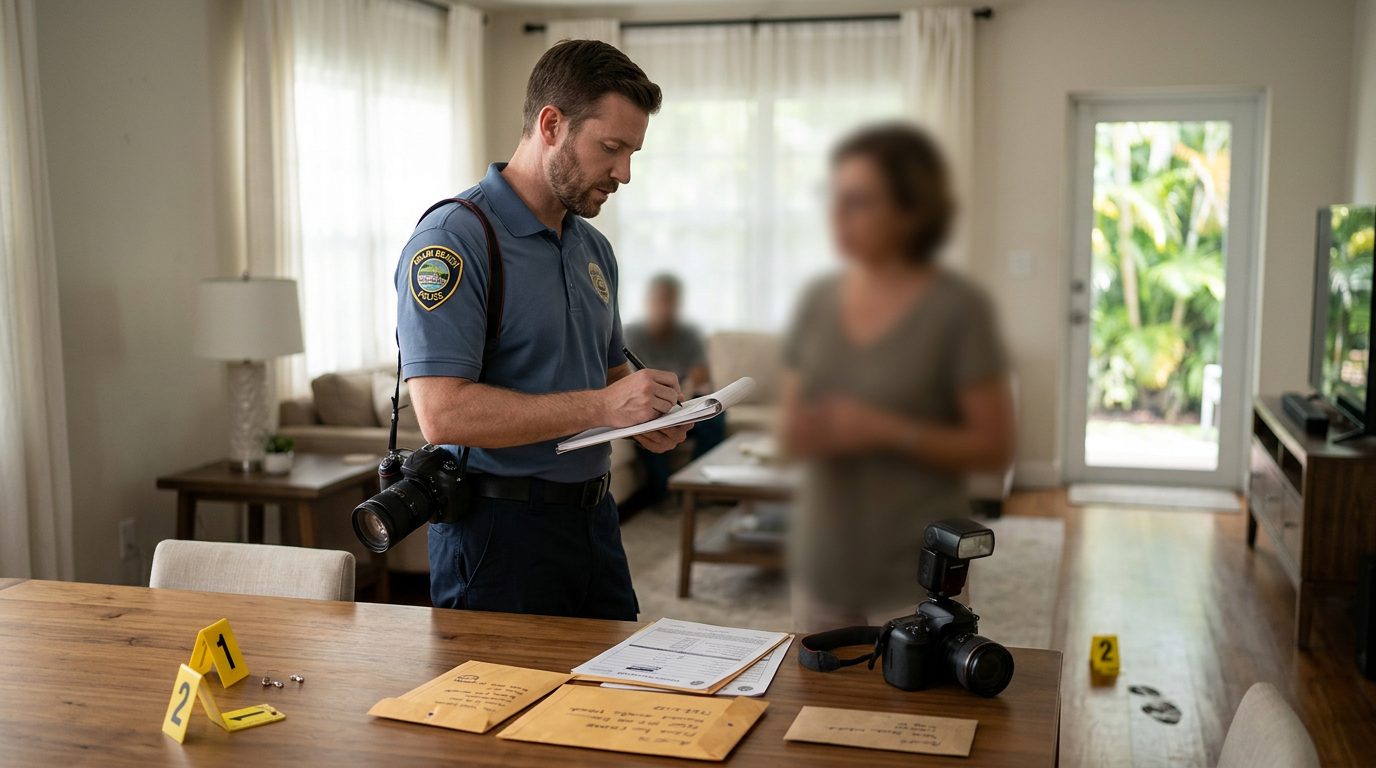 Law enforcement officer documenting evidence and taking photographs at a residential location during an incident investigation.