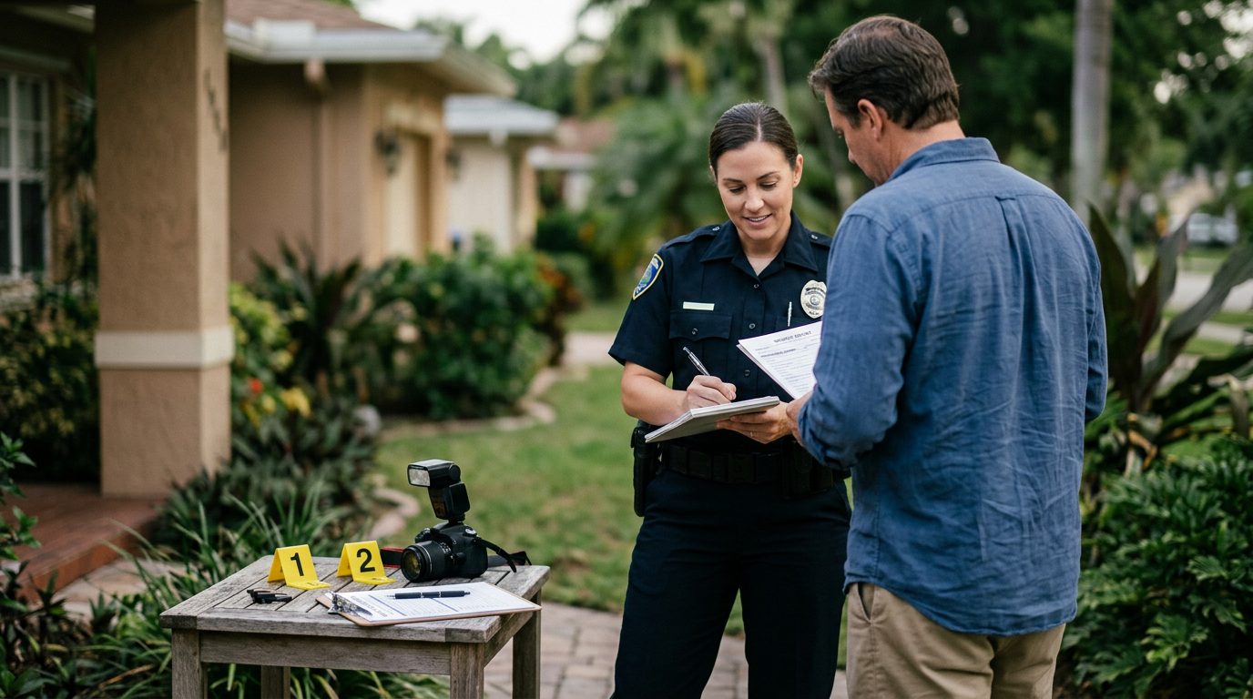 Law enforcement officer documenting evidence and taking photographs at a residential location during an incident investigation.