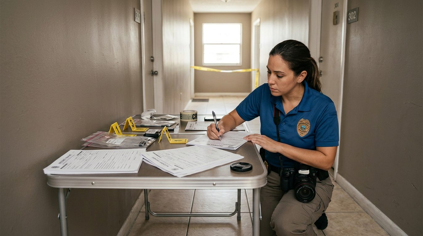 Law enforcement officer documenting evidence at a crime scene with incident report forms and markers.