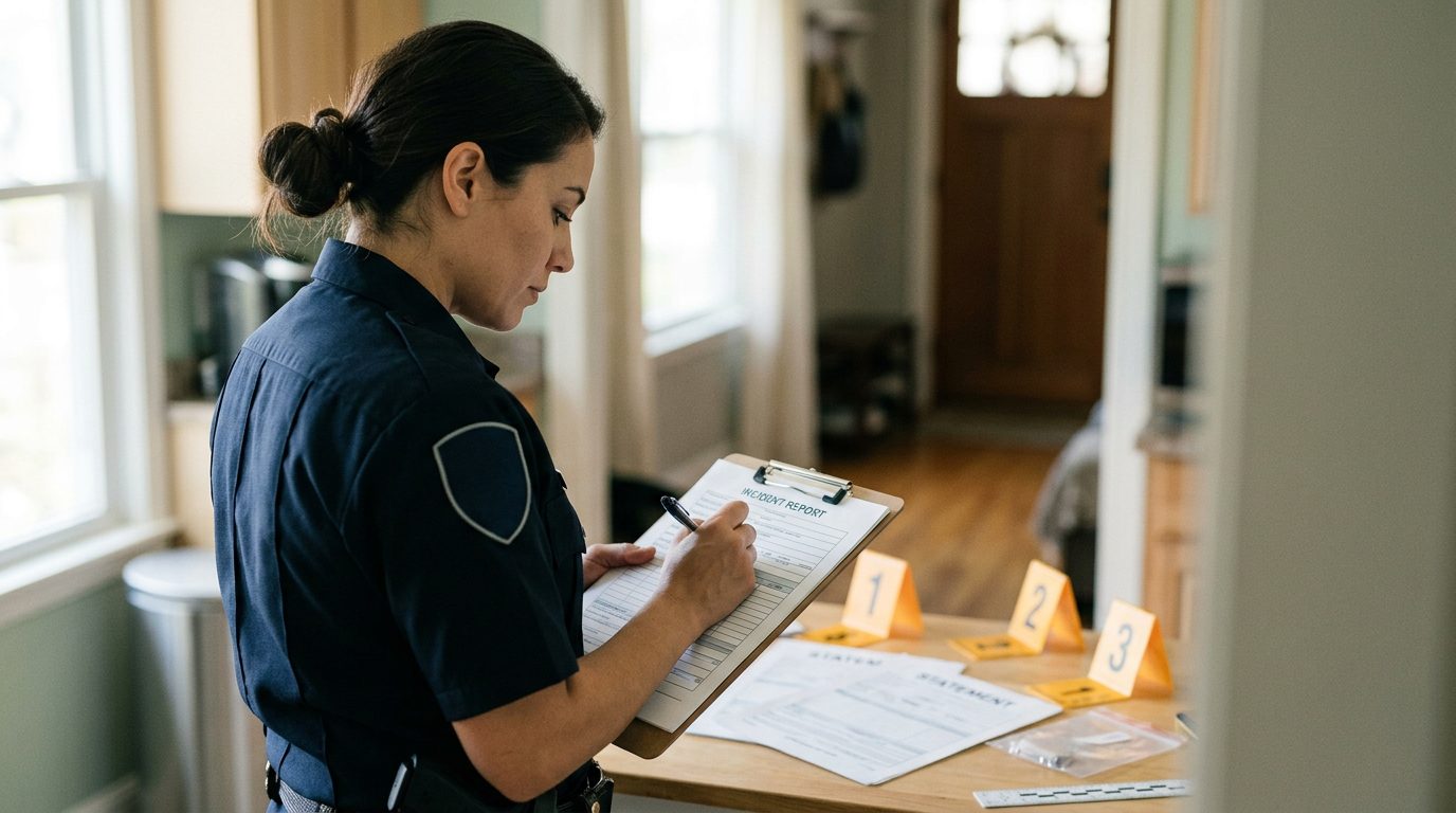 Law enforcement officer documenting evidence at a residential location with incident forms and markers.