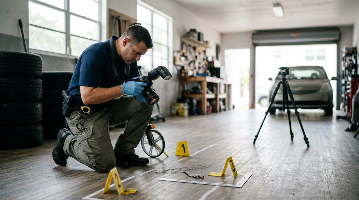 Law enforcement officer documenting evidence markers at indoor crime scene with measurement tools.