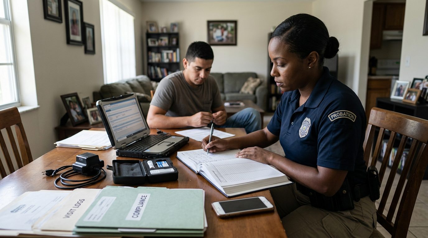 Law enforcement officer documenting probation compliance during a home visit with monitoring equipment and records.