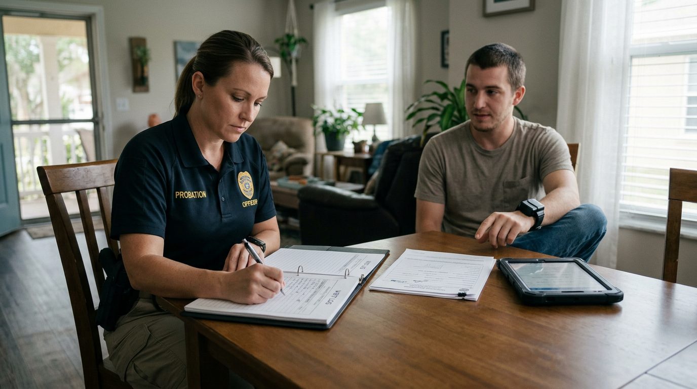 Law enforcement officer documenting probation compliance during a home visit with monitoring equipment and records.