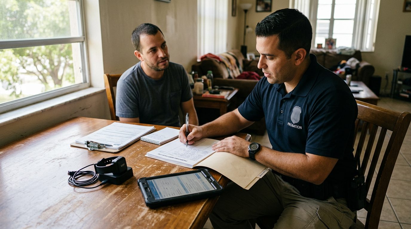 Law enforcement officer documenting probation compliance during a home visit with monitoring equipment and records.