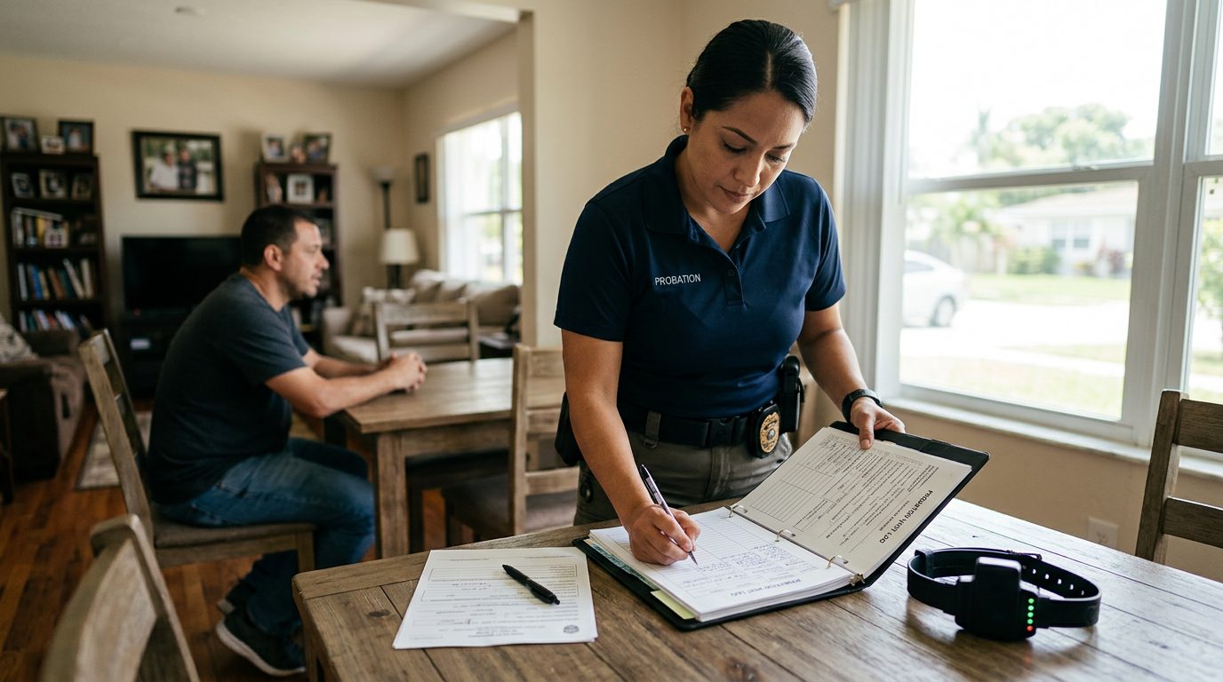 Law enforcement officer documenting probation compliance during a home visit with monitoring equipment and records.