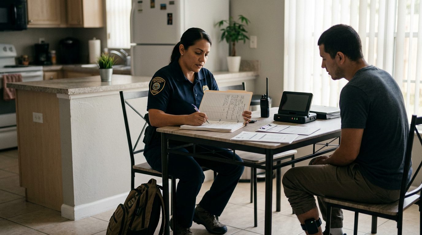 Law enforcement officer documenting probation compliance during a home visit with monitoring equipment and records.