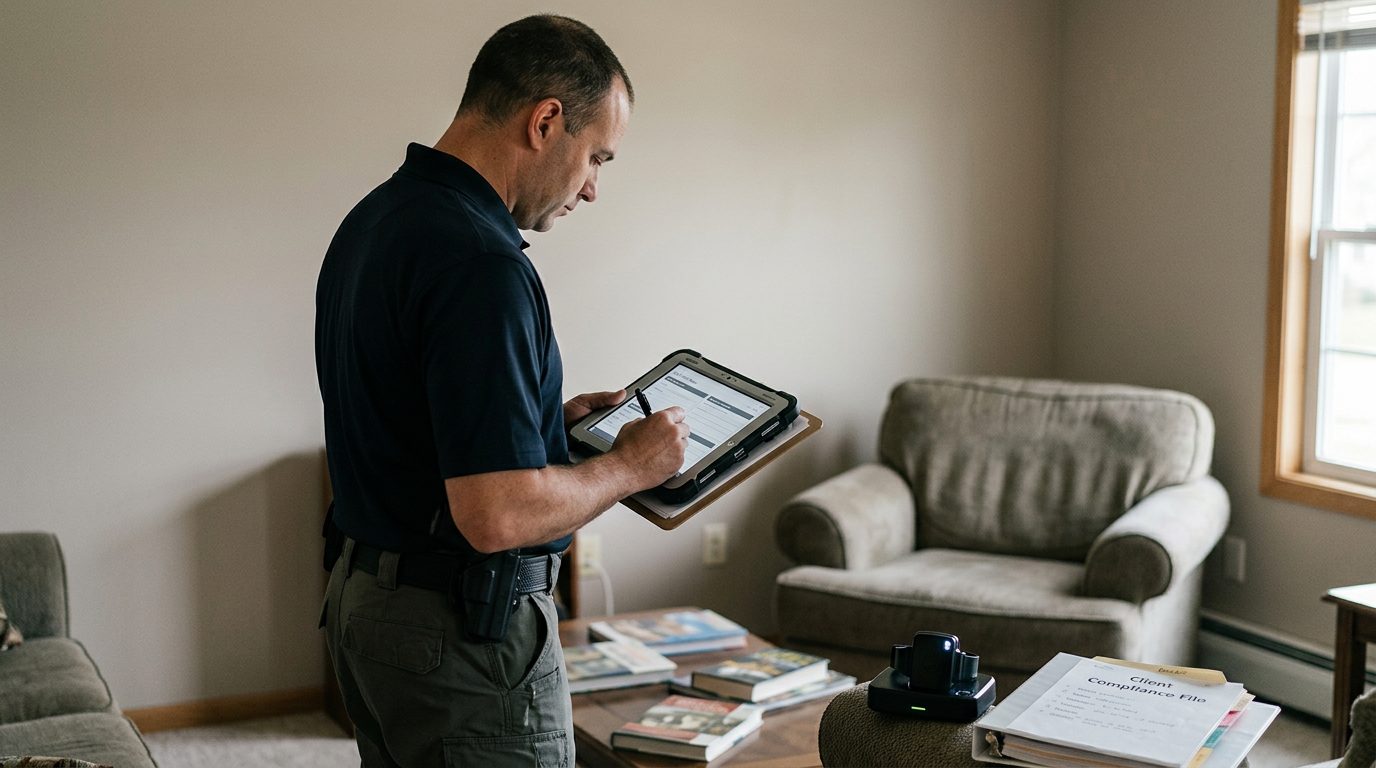 Law enforcement officer documenting probation compliance records during a home visit with monitoring equipment visible.