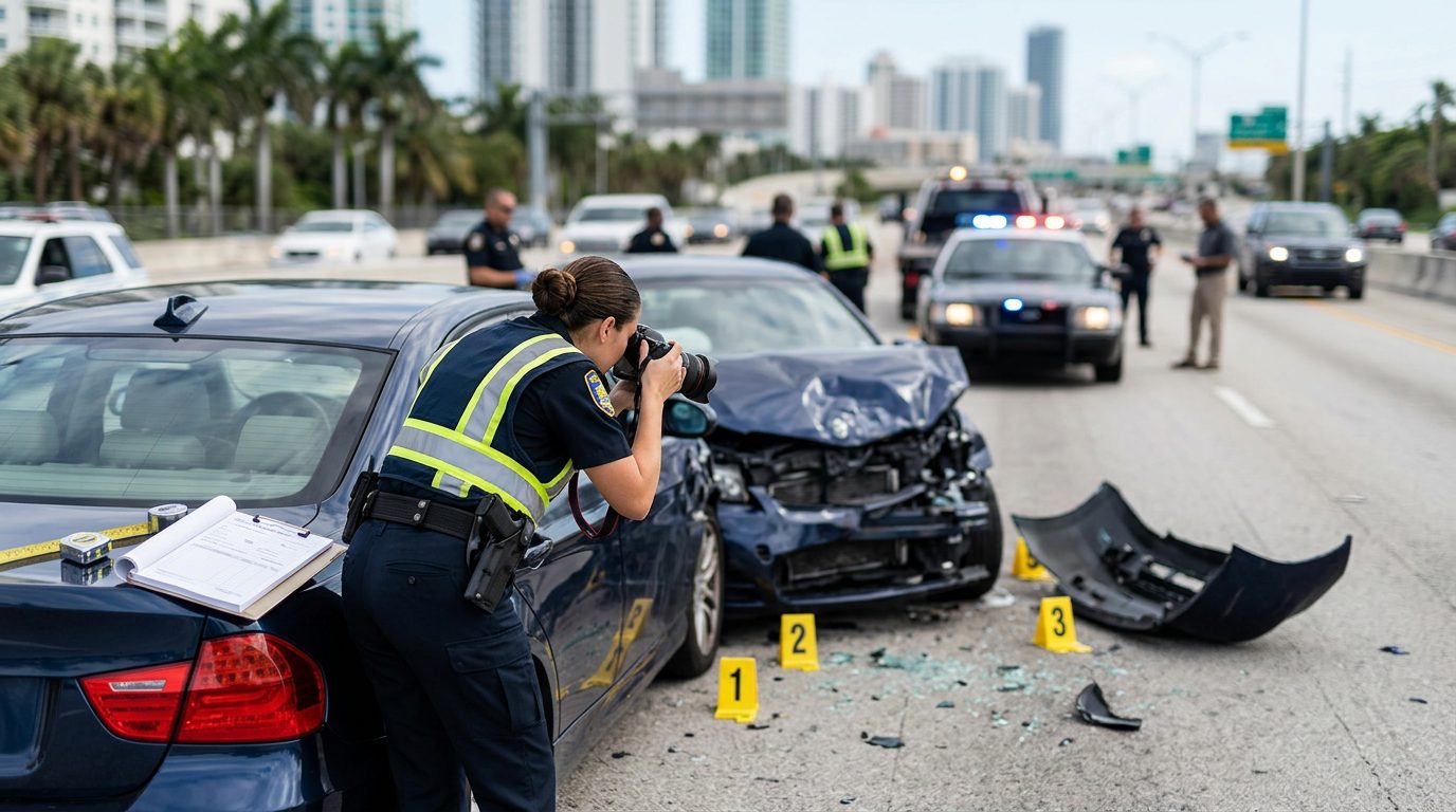 Law enforcement officer documenting vehicle damage and evidence at motor vehicle collision scene.