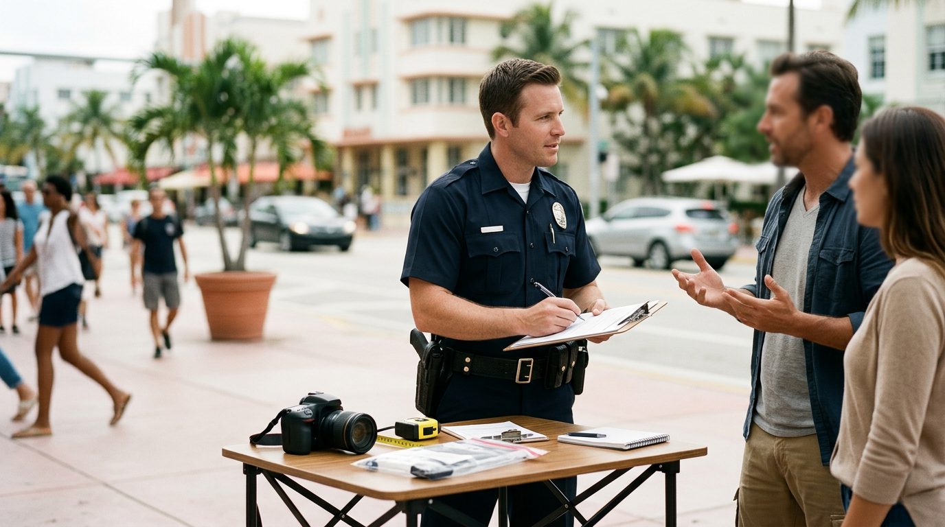 Law enforcement officer documenting witness statements and incident reports at a public venue during daylight.