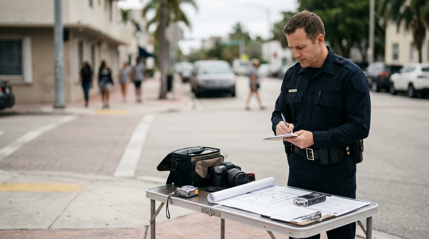 Law enforcement officer documenting witness statements and incident reports at a crime scene with measurement tools.