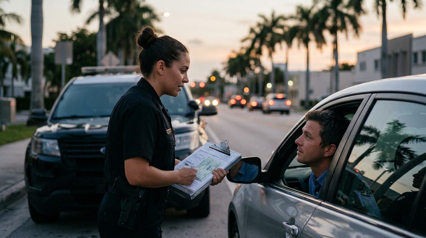 Law enforcement officer issuing citation to driver during roadside traffic stop at dusk.