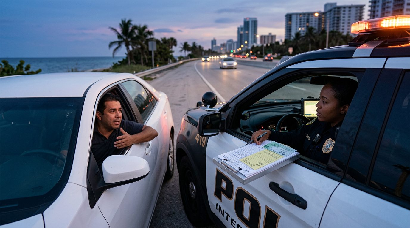 Law enforcement officer issuing citation to driver during roadside traffic stop at dusk.