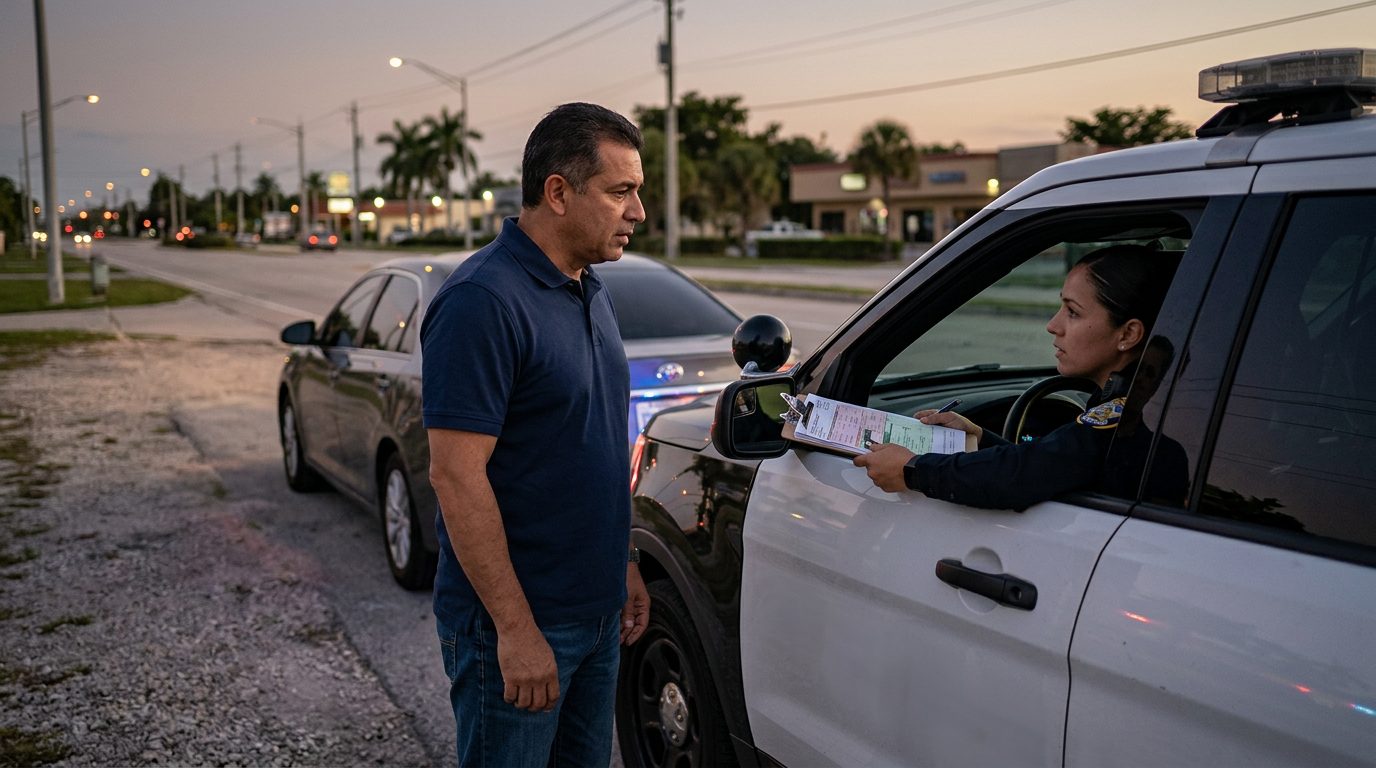 Law enforcement officer issuing citation to driver during roadside traffic stop at dusk.