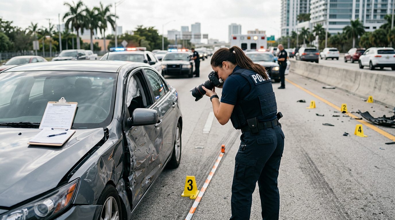 Un oficial de la policía fotografía un vehículo dañado y señala evidencia en un accidente de tránsito en una autopista de día.