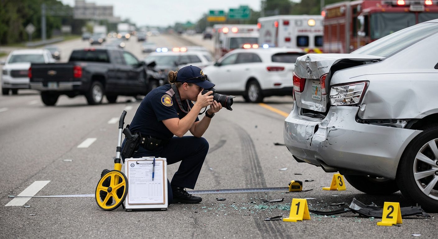 Law enforcement officer photographs and measures vehicle damage at a daytime highway crash scene, with evidence markers visible.