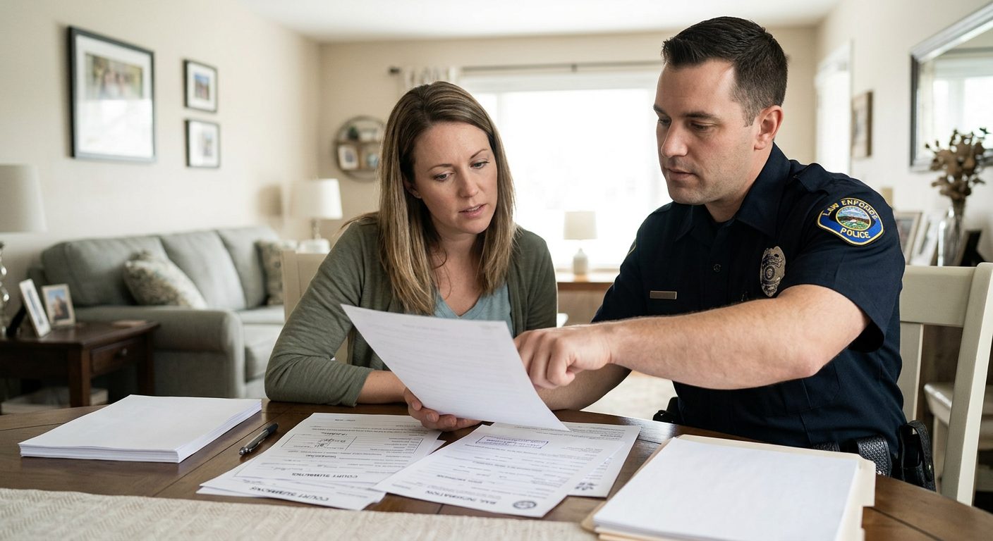 Law enforcement officer reviewing court documents and bail information with a person at home.