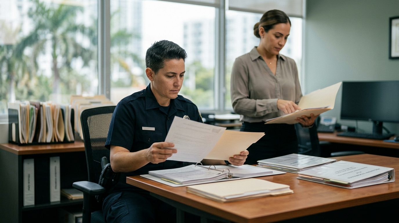 Law enforcement officer reviewing professional licensing records and compliance documentation at a medical office desk.