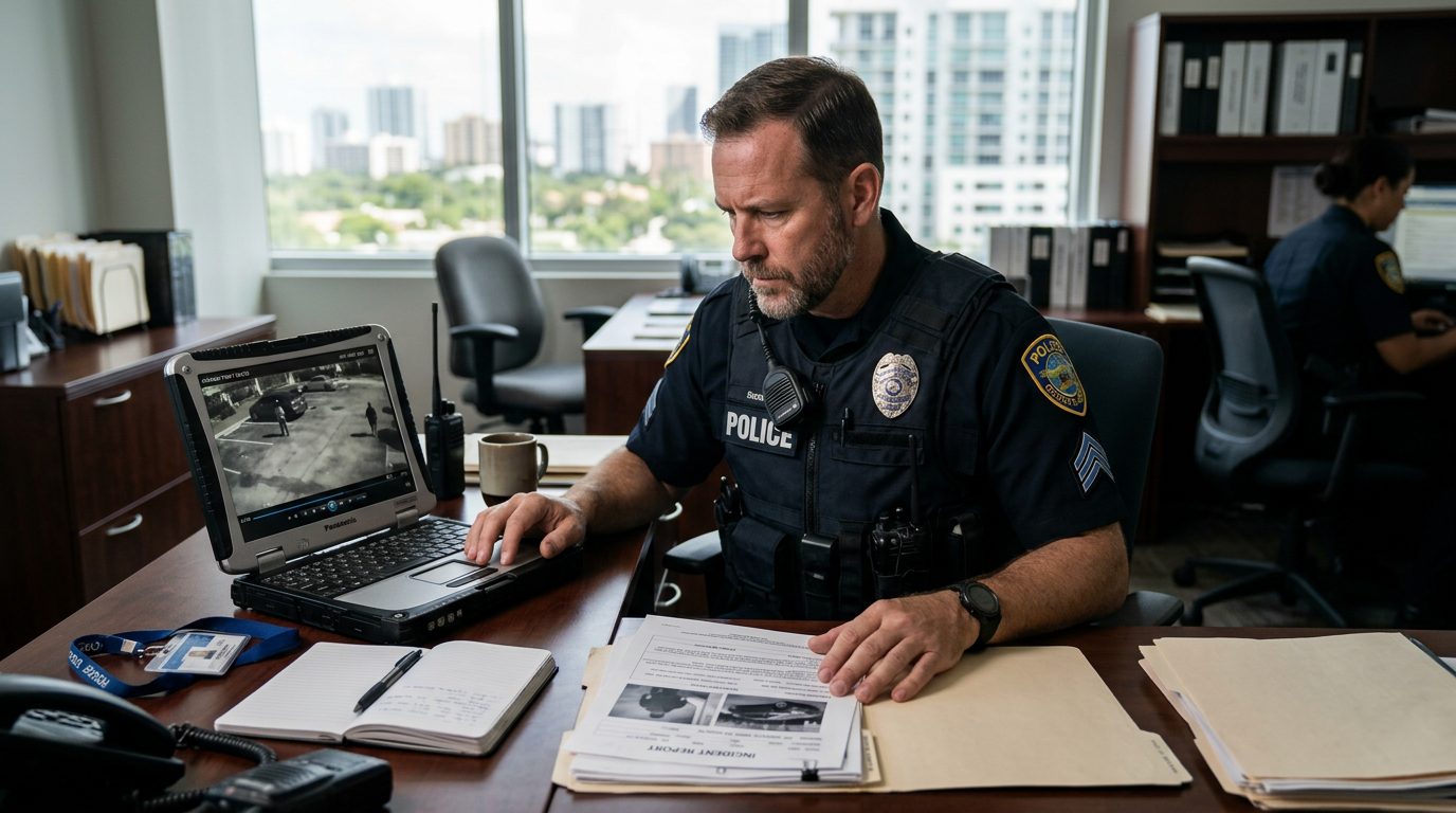 Law enforcement officer reviewing security footage and theft documentation at office desk.