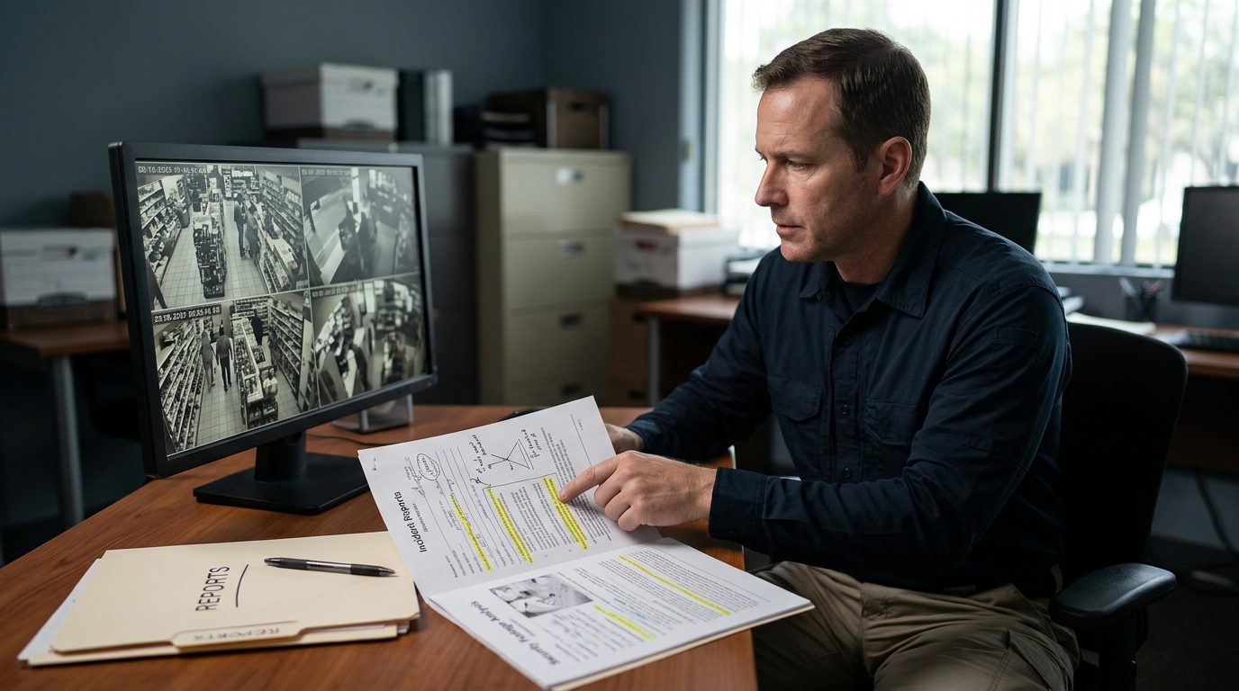 Law enforcement officer reviewing security footage and theft documentation at a desk.