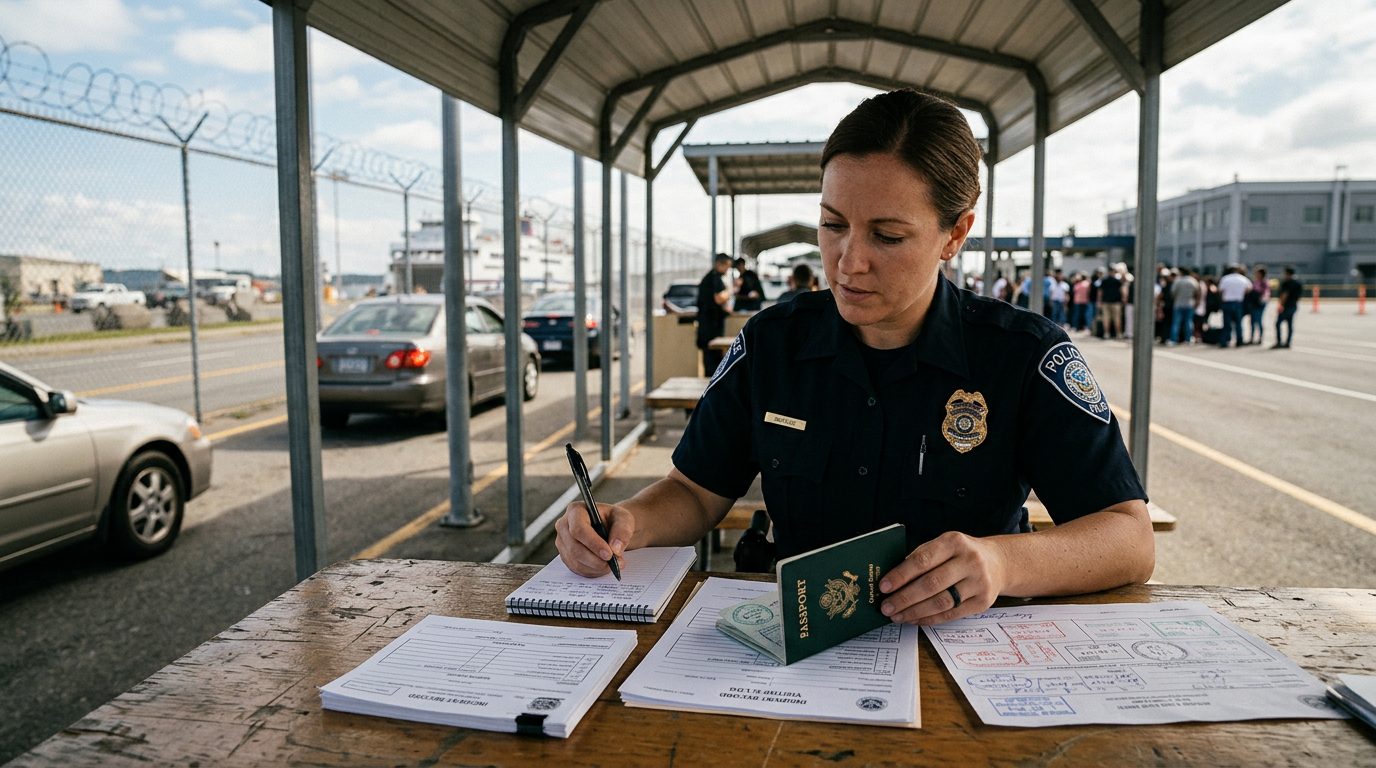 Law enforcement officer reviewing travel documents and incident records at a border crossing.