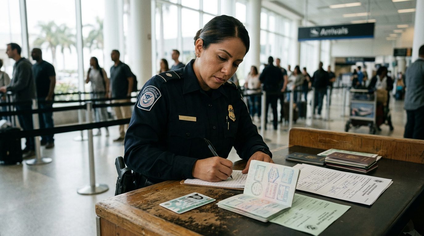 Law enforcement officer reviewing travel records and documenting a statement at a border crossing in daylight.