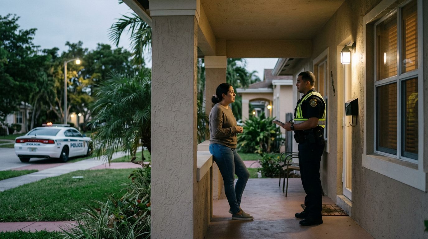 Law enforcement officer speaking with resident on front porch at dusk near patrol car.