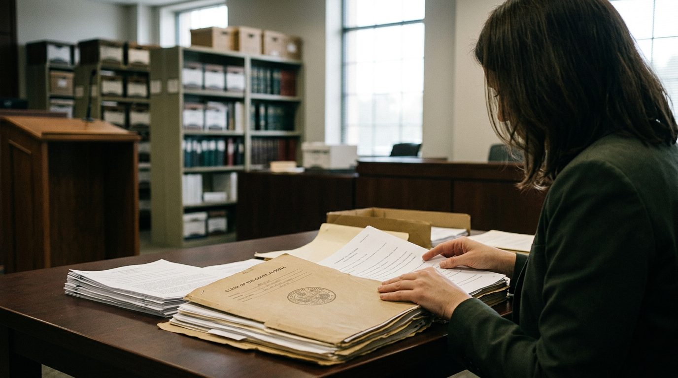 Legal documents, a pen, and a wooden gavel on a desk in a law office.