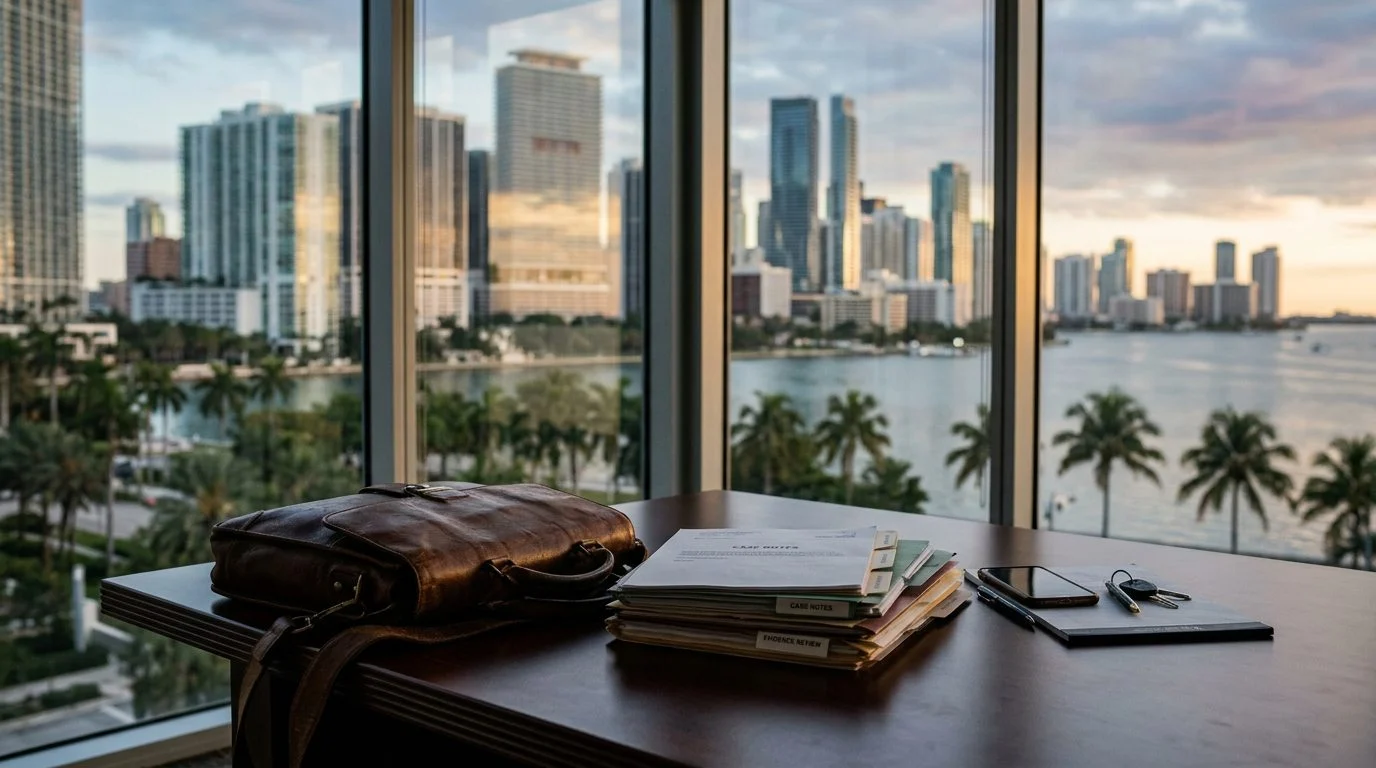 Miami courtroom with legal documents and gavel on desk.