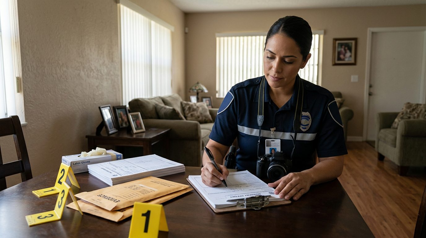 Officer documenting a statement and photographing evidence at a home, with incident forms and markers nearby.