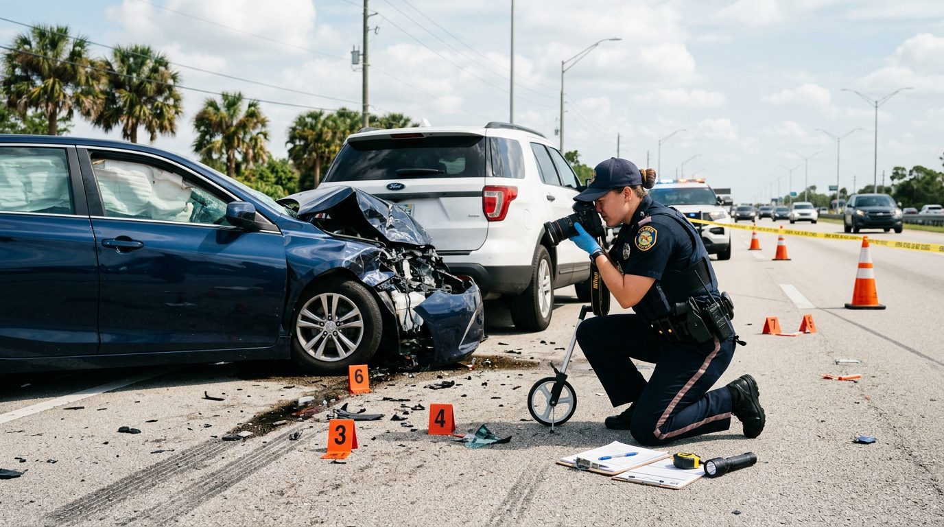 Agente de policía fotografiando y midiendo daños en un accidente de tráfico en una autopista de día.