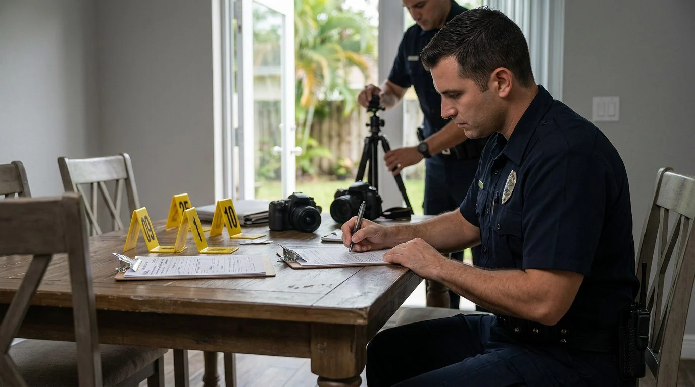 Officer photographing evidence and taking a statement at a home, with incident forms and evidence markers on a table.