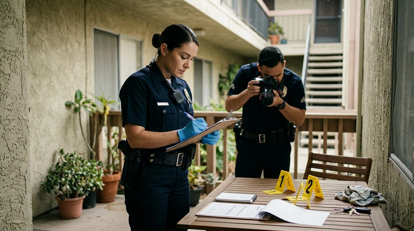 Officer photographing evidence markers and incident forms on a table at a residential location.