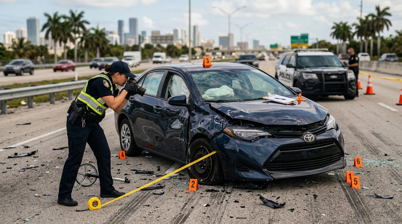 Agente de policía fotografiando los daños de un vehículo y colocando marcadores de evidencia en una carretera de día.