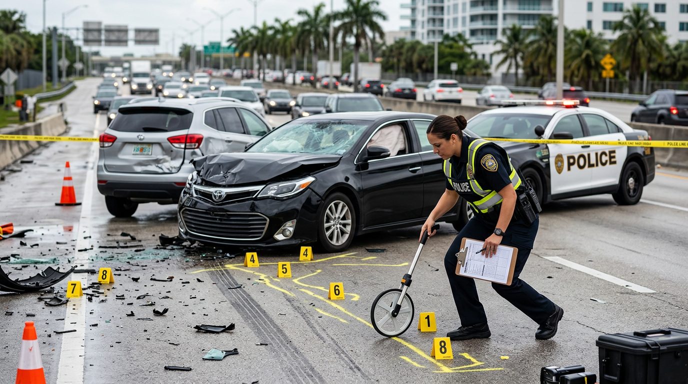 Un agente de policía fotografía los daños de un vehículo y toma medidas en una escena de accidente en la autopista, de día.