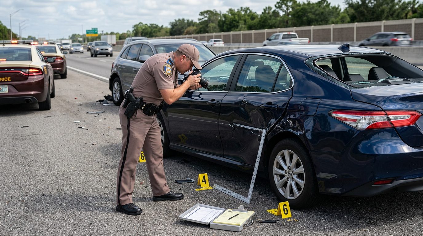 Un agente fotografía y mide los daños de un vehículo en un accidente en la carretera, a plena luz del día, con marcadores de evidencia en el asfalto.