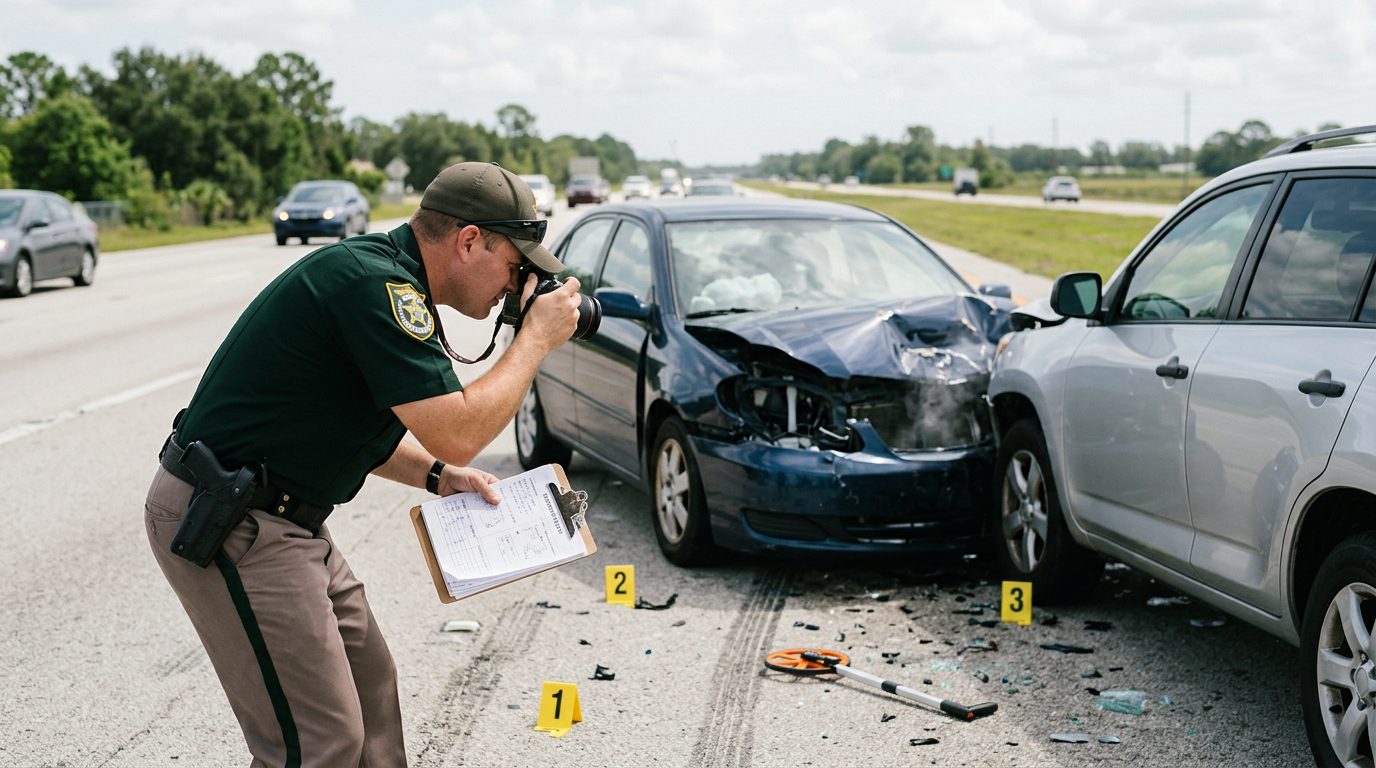 Un agente de policía fotografía los daños y coloca marcadores de evidencia en una autopista durante el día.
