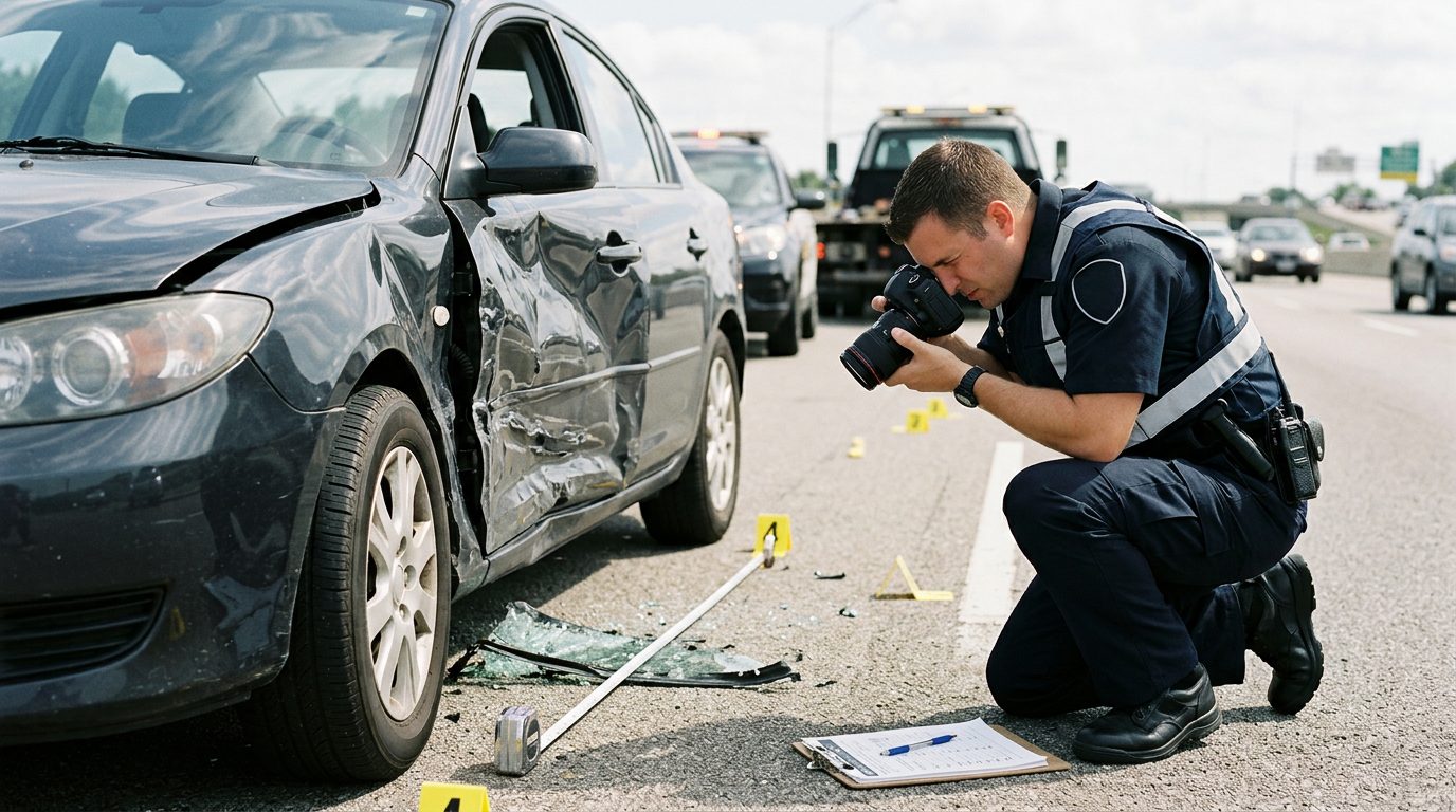 Un agente toma fotografías de los daños a un vehículo en un accidente en la carretera, con herramientas de medición y marcadores de evidencia