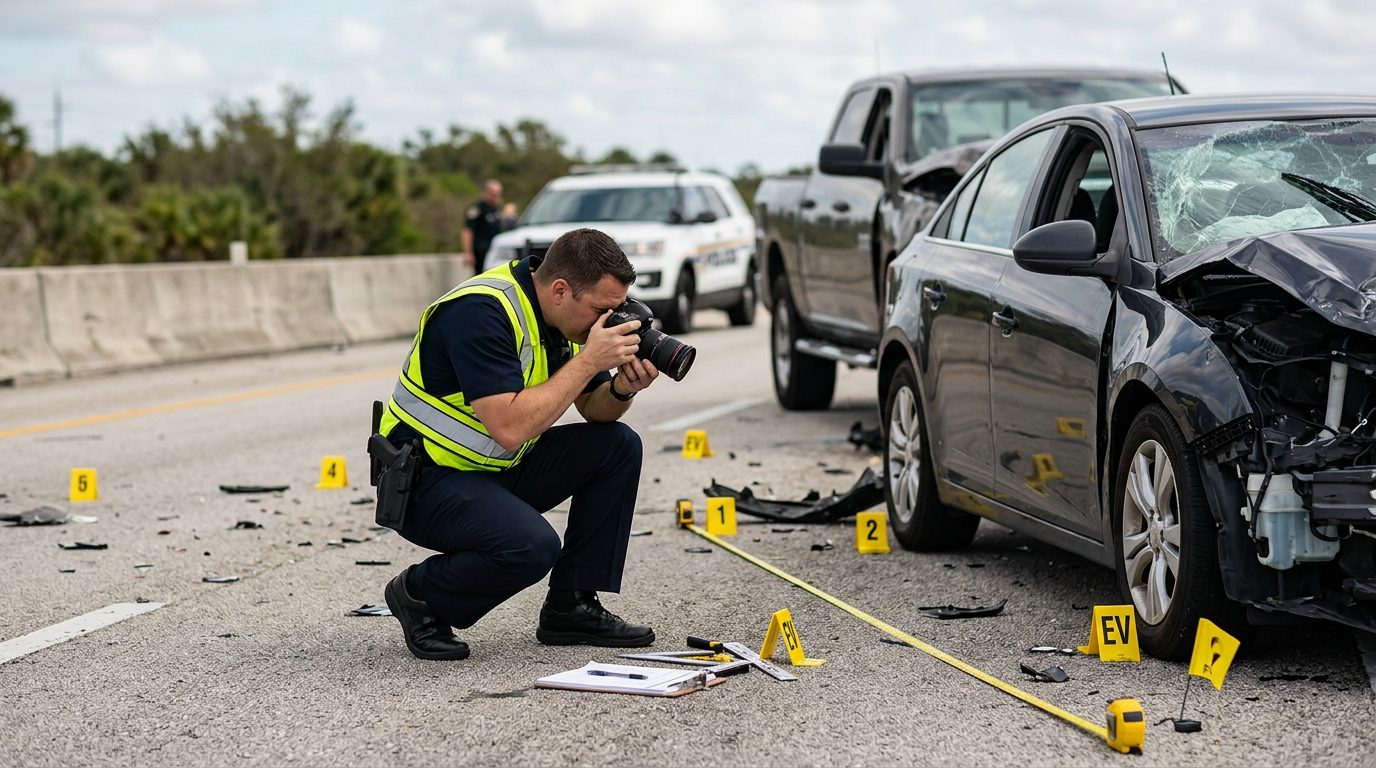 Officer photographs damage to a vehicle at a highway crash scene while measuring and marking evidence in daylight.