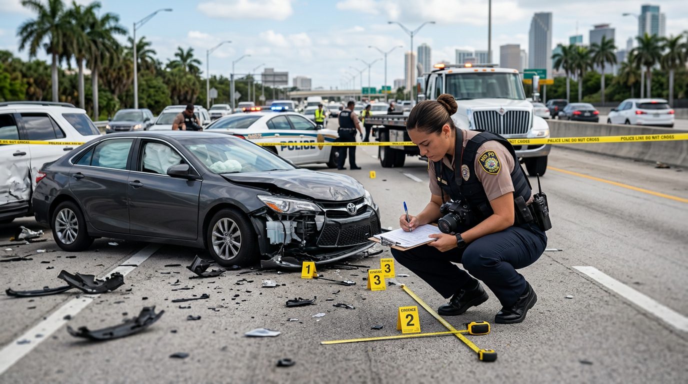 Officer photographs damaged vehicles and marks evidence at a daytime highway collision scene.