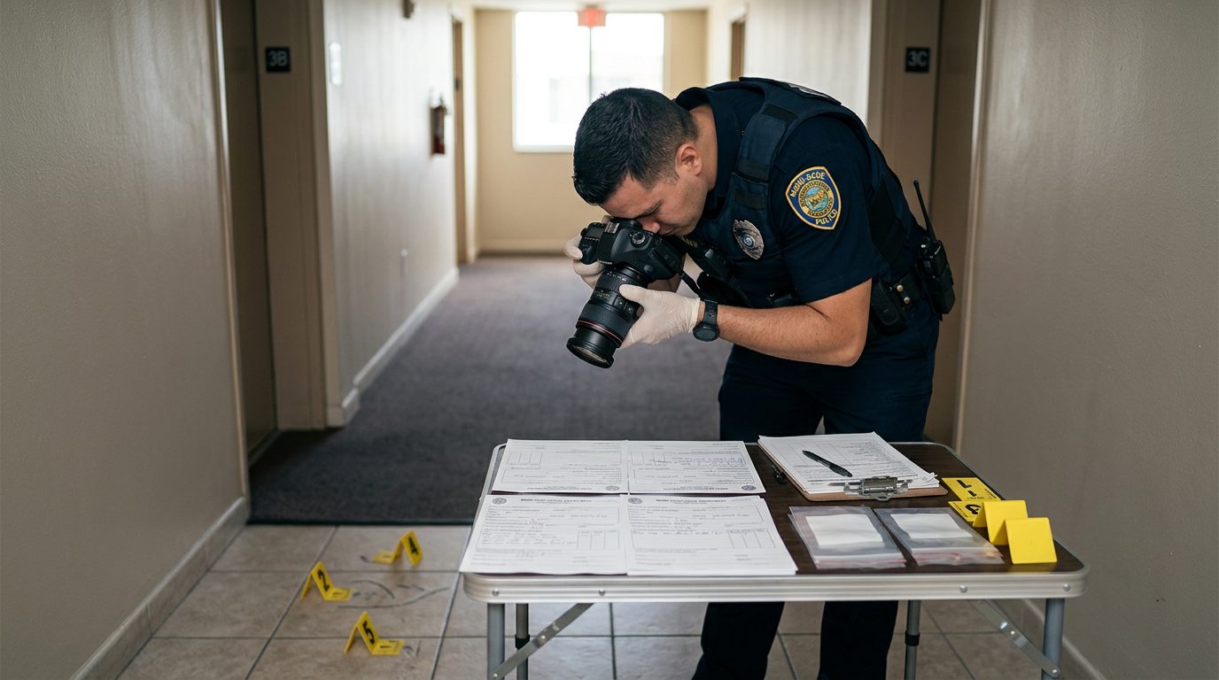 Un agente toma fotografías de marcadores de evidencia y formularios de informe sobre una mesa en un pasillo de apartamento iluminado por luz natural.