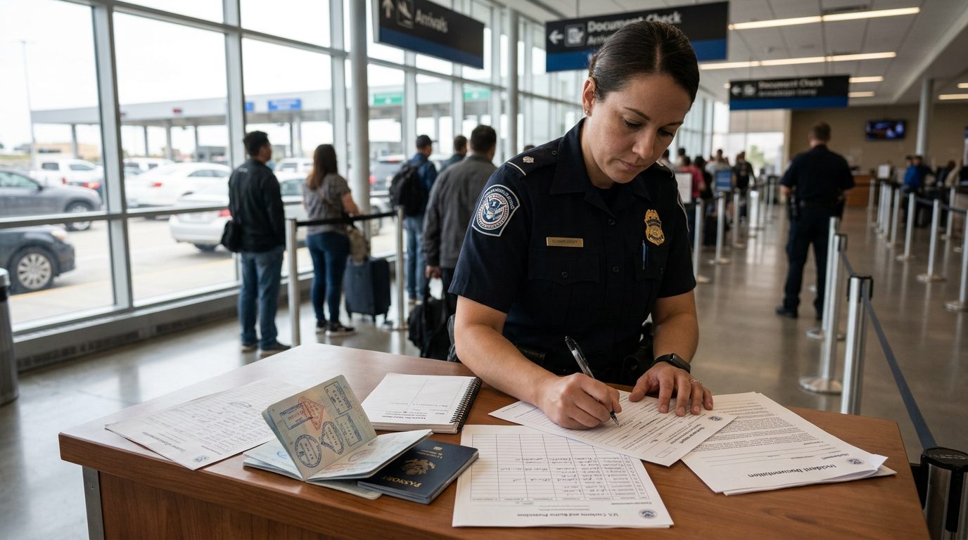 Oficial revisando sellos de pasaporte y registros de entrada mientras redacta un informe en un puerto de entrada.