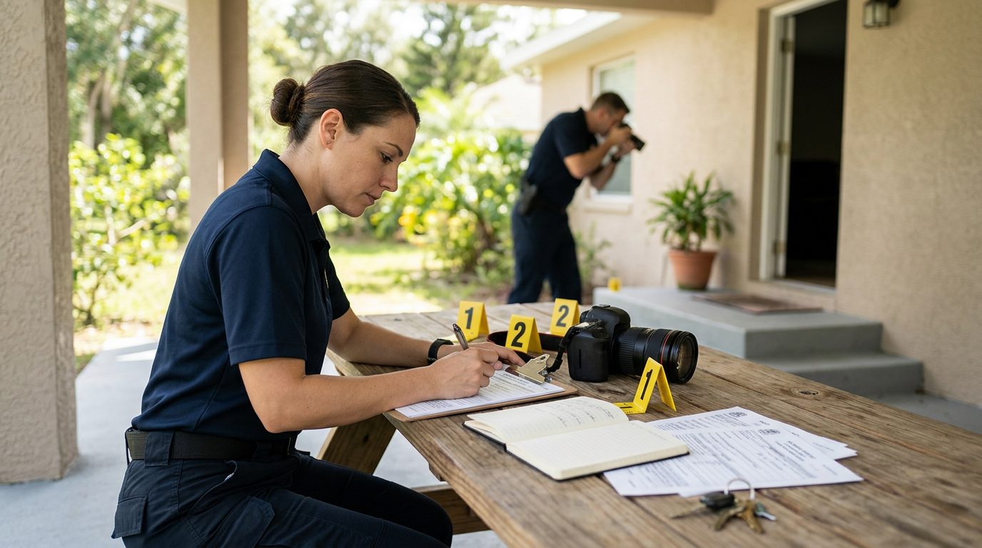 Officer takes a statement and photographs a home with incident forms and evidence markers on a nearby table.